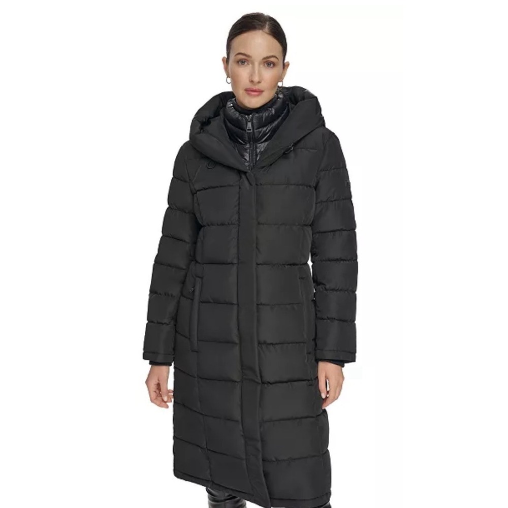 DKNY Women's Bibbed Hooded Puffer Coat Black Size XXL Long